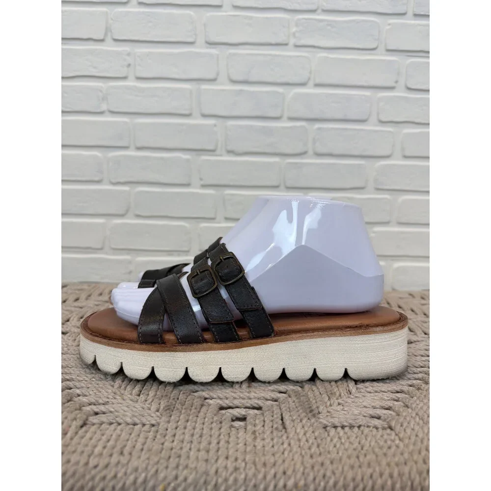 B.E.D. Stü Multi-Strap Platform Sandals Black Leather Size 7.5